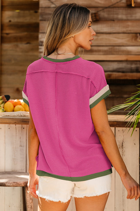 Retro Vibe Contrast Trim Corded Knit Short Sleeve Top